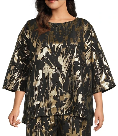 Bryn Walker Plus Size Coordinating Foglia Doro Round Neck 3/4 Sleeve Resort Shirt