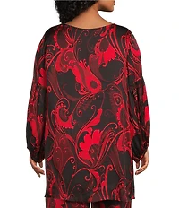 Bryn Walker Plus Size Coordinating Giardino Print Satin Scoop Neck Long Sleeve Lantern Tunic