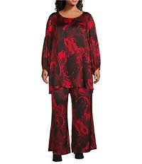 Bryn Walker Plus Size Coordinating Giardino Print Satin Scoop Neck Long Sleeve Lantern Tunic