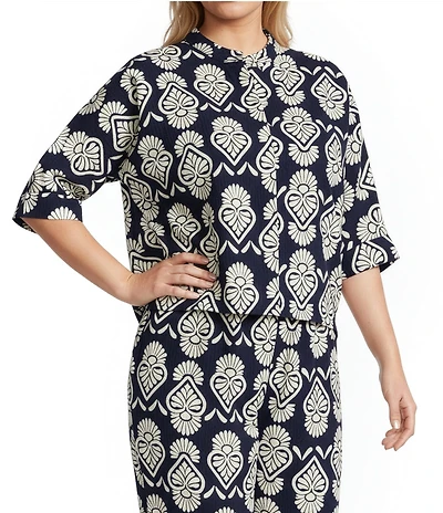 Bryn Walker Plus Size Coordinating Joe Tulum Print Banded Collar Short Dolman Sleeve Shirt