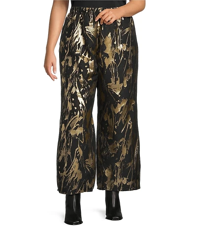 Bryn Walker Plus Size Coordinating Medina Foglia D'oro Gold Print Elastic Waist Tapered Wide Leg Pants