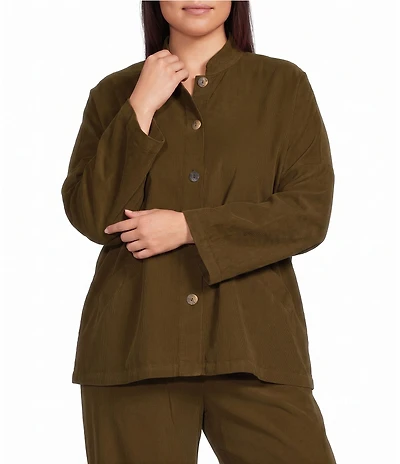 Bryn Walker Plus Size Danuta Mandarin Collar Long Wide Sleeve Button-Front Corduroy Jacket