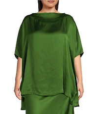 Bryn Walker Plus Size Coordinating Debo Viscose Satin Drape Boat Neck Cap Sleeve High-Low Tunic