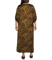 Bryn Walker Plus Size Feather Print Round Neck 3/4 Sleeve Oversized Dress