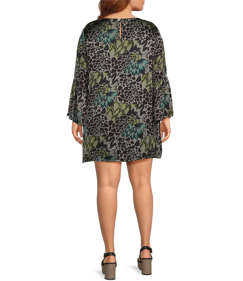 Bryn Walker Plus Size Feather Print Round Neck Long Ruffle Bell Sleeve Tunic