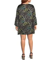 Bryn Walker Plus Size Feather Print Round Neck Long Ruffle Bell Sleeve Tunic