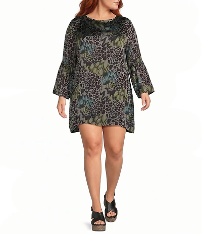 Bryn Walker Plus Size Feather Print Round Neck Long Ruffle Bell Sleeve Mini Dress