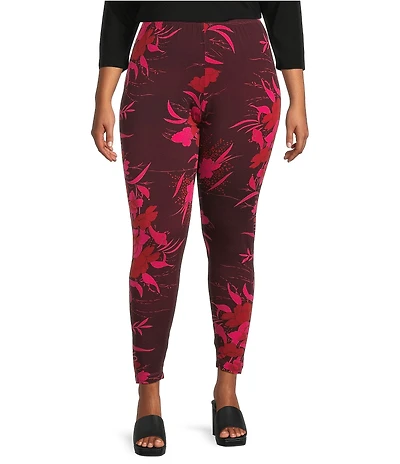 Bryn Walker Plus Size Coordinating Fiori Printed Viscose Jersey Elastic Waist Basic Leggings