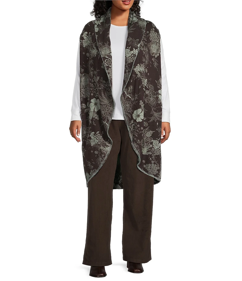Bryn Walker Plus Size Floral Print Bamboo Fleece Shawl Collar Sleeveless Wrap Vest