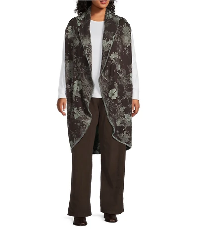 Bryn Walker Plus Size Floral Print Bamboo Fleece Shawl Collar Sleeveless Wrap Vest