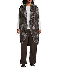 Bryn Walker Plus Size Floral Print Bamboo Fleece Shawl Collar Sleeveless Wrap Vest