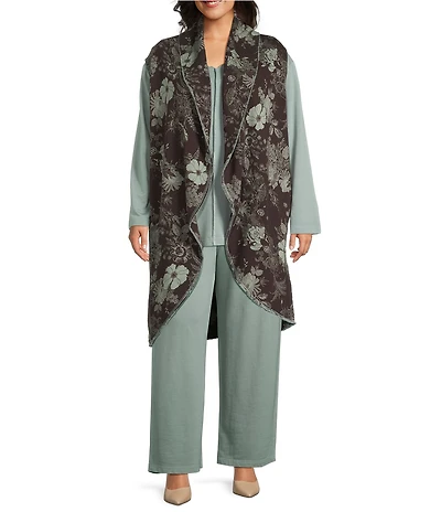 Bryn Walker Plus Size Oversized Floral Print Bamboo Fleece Shawl Collar Sleeveless Wrap Vest