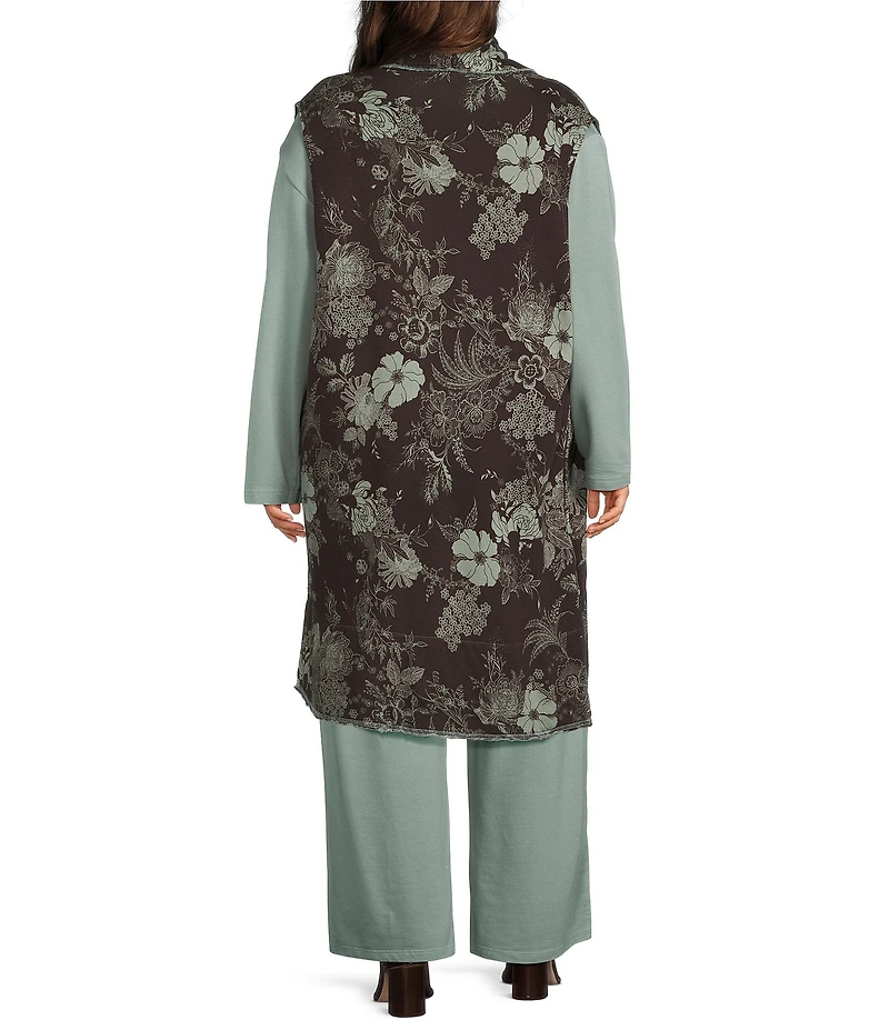 Bryn Walker Plus Size Oversized Floral Print Bamboo Fleece Shawl Collar Sleeveless Wrap Vest
