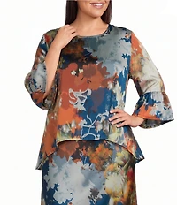 Bryn Walker Plus Size Fran Fiori Print Round Neck 3/4 Ruffle Bell Sleeve Hi-Low Hem Shirt
