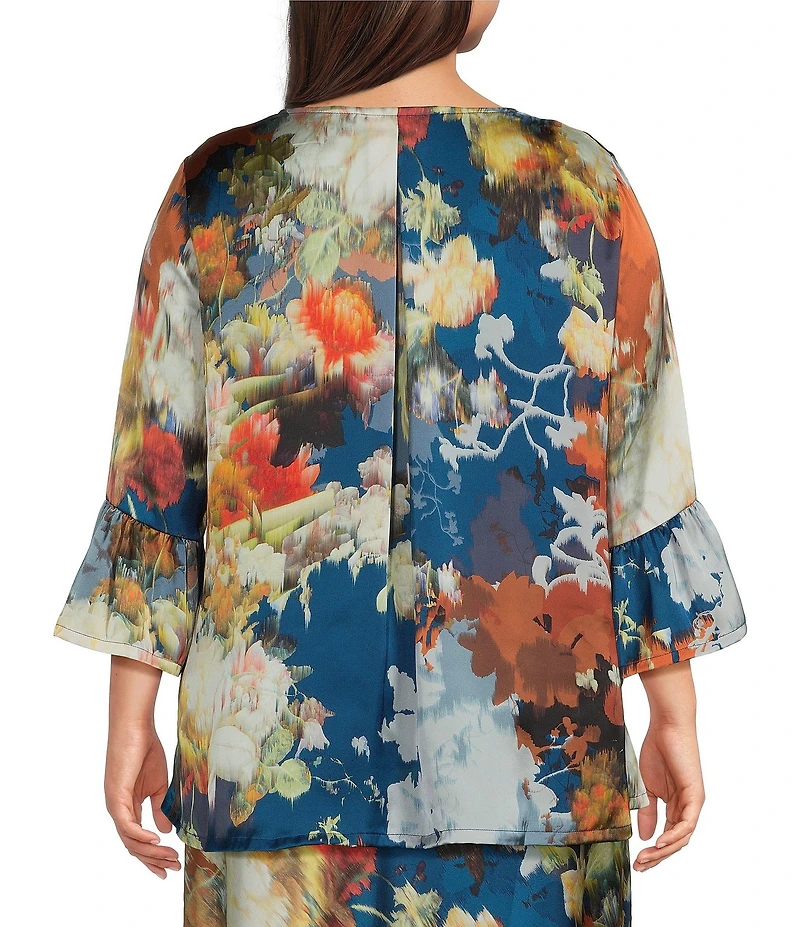 Bryn Walker Plus Size Fran Fiori Print Round Neck 3/4 Ruffle Bell Sleeve Hi-Low Hem Shirt