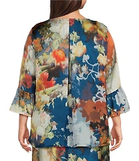 Bryn Walker Plus Size Fran Fiori Print Round Neck 3/4 Ruffle Bell Sleeve Hi-Low Hem Shirt