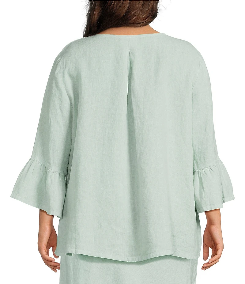 Bryn Walker Plus Size Fran Light Linen Round Neck 3/4 Ruffle Sleeve Shirt