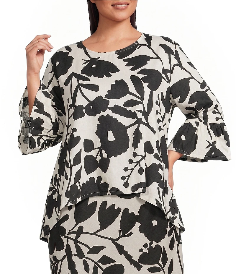 Bryn Walker Plus Size Fran Linen Blend Floral Printed Round Neck 3/4 Ruffle Bell Sleeve High Low Shirt