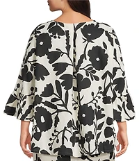 Bryn Walker Plus Size Fran Linen Blend Floral Printed Round Neck 3/4 Ruffle Bell Sleeve High Low Shirt