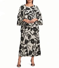 Bryn Walker Plus Size Fran Linen Blend Floral Printed Round Neck 3/4 Ruffle Bell Sleeve High Low Shirt