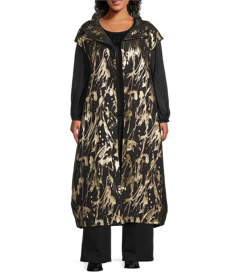 Bryn Walker Plus Size Gaela Foglia D'oro Gold Print Mandarin Collar Cap Sleeve Vest