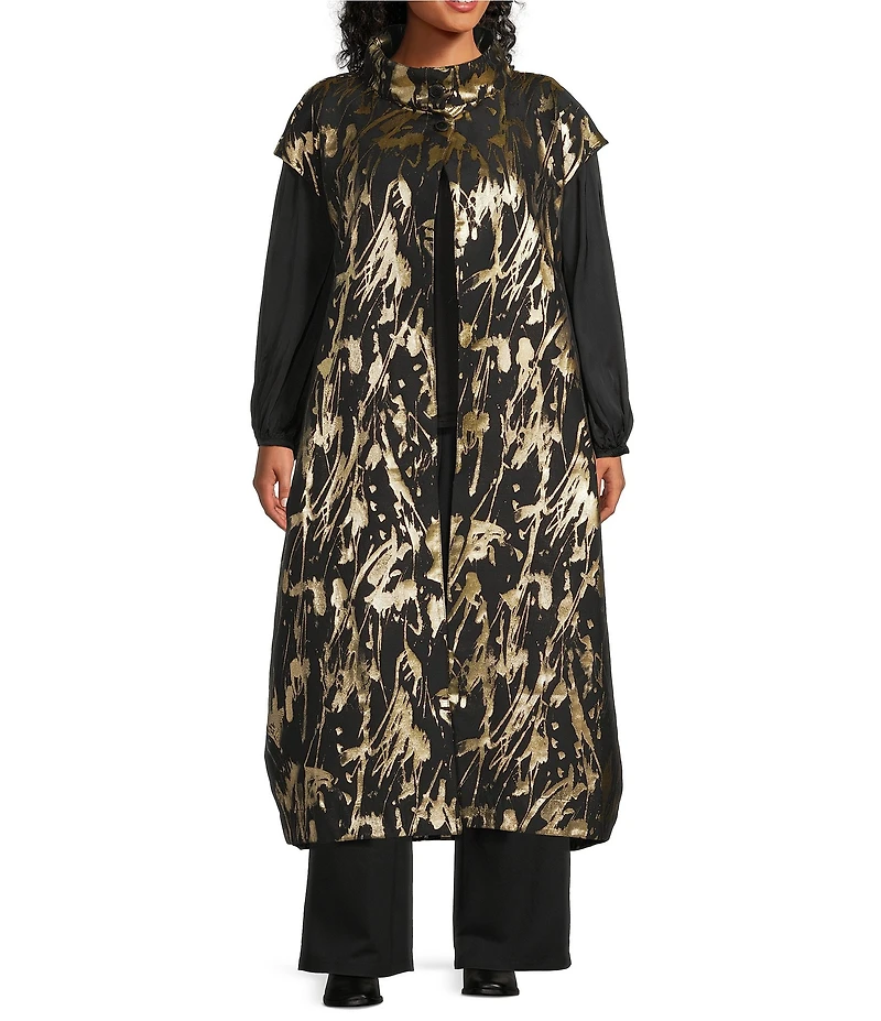 Bryn Walker Plus Size Gaela Foglia D'oro Gold Print Mandarin Collar Cap Sleeve Vest