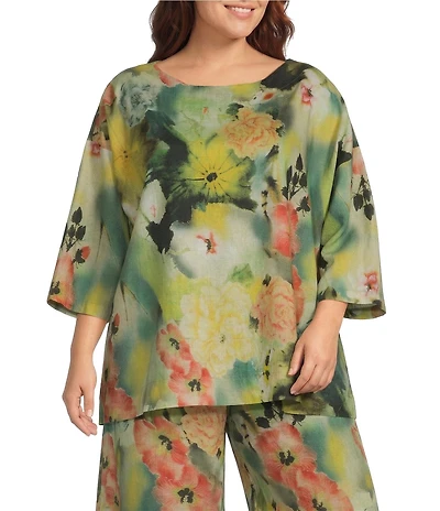 Bryn Walker Plus Size Giardino Print Round Neck 3/4 Sleeve Oversized Resort Shirt