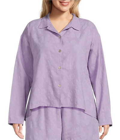 Bryn Walker Plus Size Jacquard Floral Textured Notch Collar 3/4 Sleeve Oversized Button Front Shirt