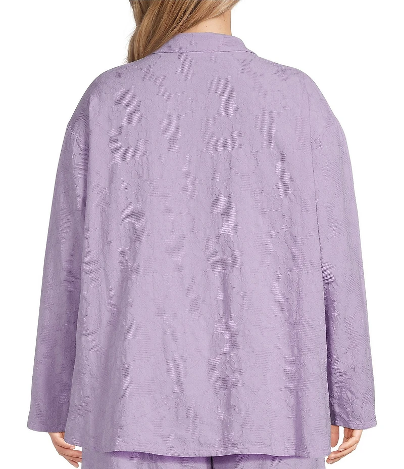 Bryn Walker Plus Size Jacquard Floral Textured Notch Collar 3/4 Sleeve Oversized Button Front Shirt