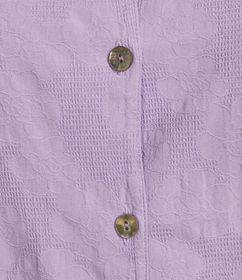 Bryn Walker Plus Size Jacquard Floral Textured Notch Collar 3/4 Sleeve Oversized Button Front Shirt