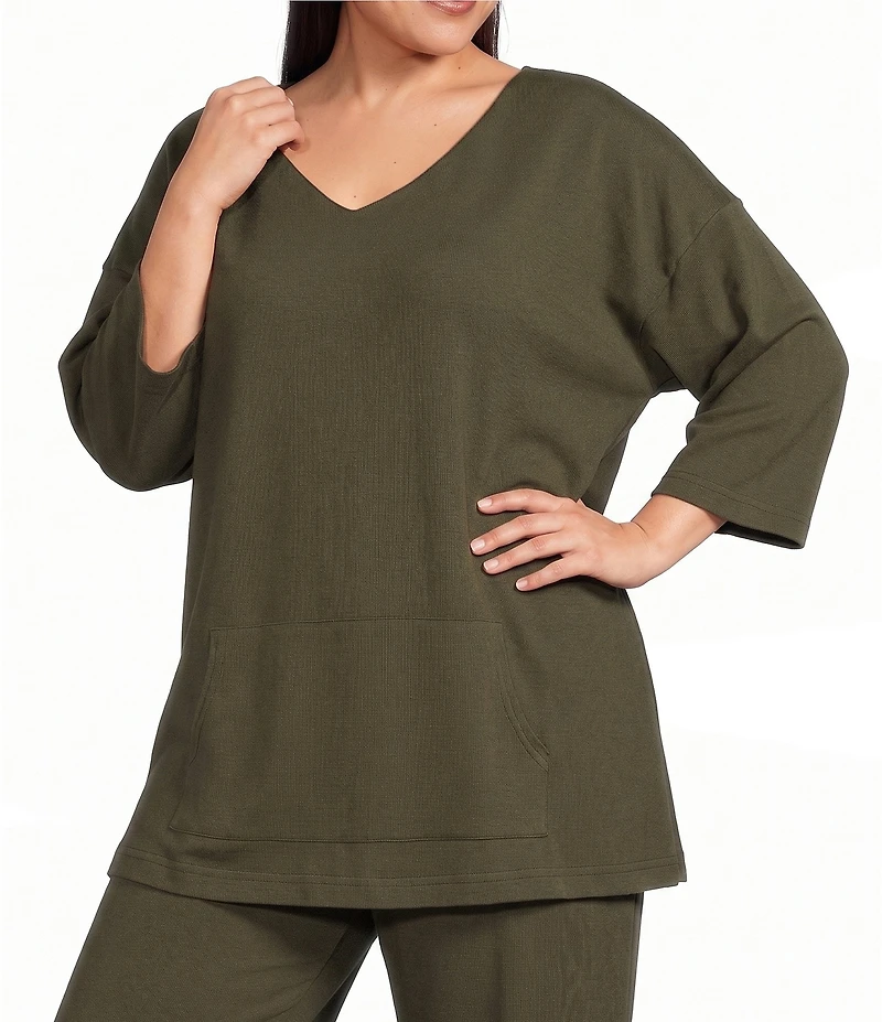 Bryn Walker Plus Size Judy Cotton Jersey Knit V-Neck 3/4 Sleeve Oversized Shirt