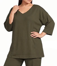 Bryn Walker Plus Size Judy Cotton Jersey Knit V-Neck 3/4 Sleeve Oversized Shirt
