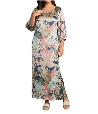 Bryn Walker Plus Size Lanterna Fiori Giardino Round Neck 3/4 Sleeve Dress