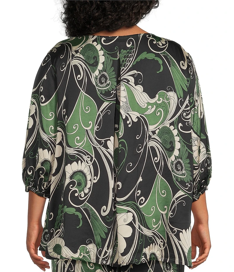 Bryn Walker Plus Size Coordinating Lucinda Giardino Viscose Satin Round Neck 3/4 Sleeve Shirt