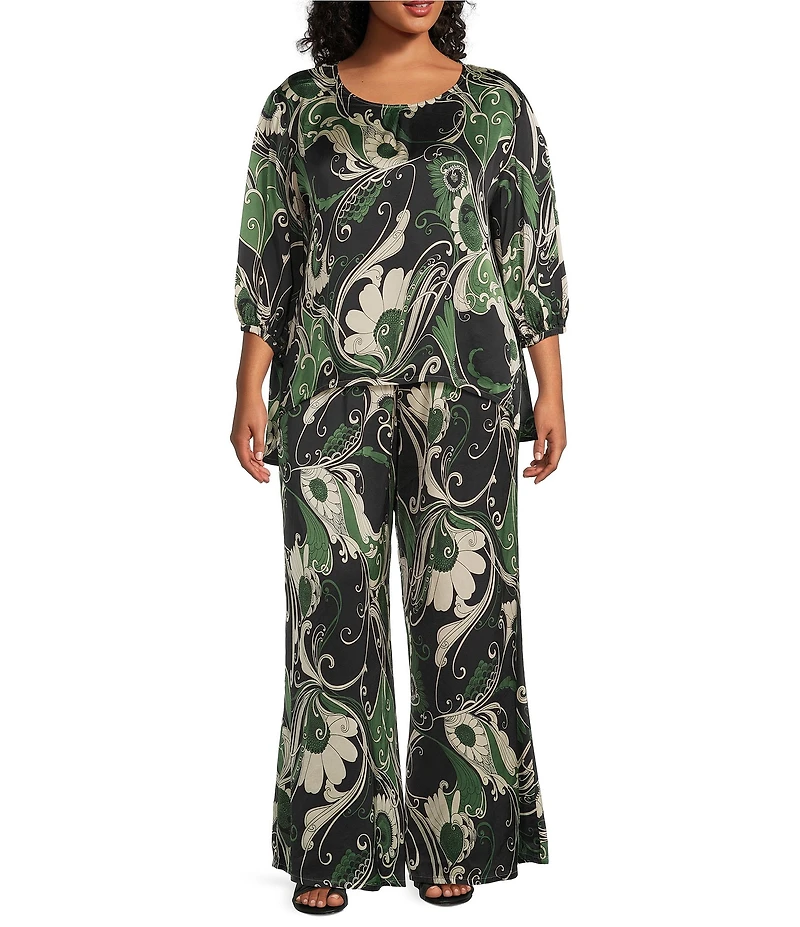 Bryn Walker Plus Size Coordinating Lucinda Giardino Viscose Satin Round Neck 3/4 Sleeve Shirt