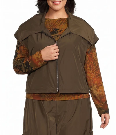 Bryn Walker Plus Size Memory Crunch Wide Pointed Collar Cap Sleeve Ruched Detail Zip-Front Vest