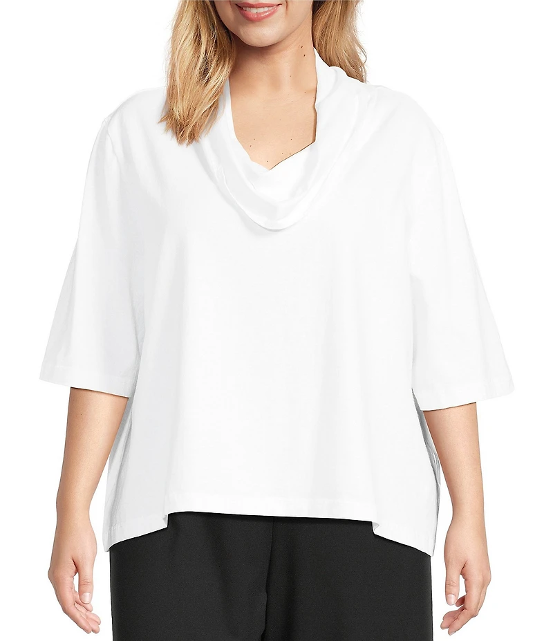 Bryn Walker Plus Size Nola Cotton Jersey Cowl Neck Elbow Sleeve Oversized Shirt