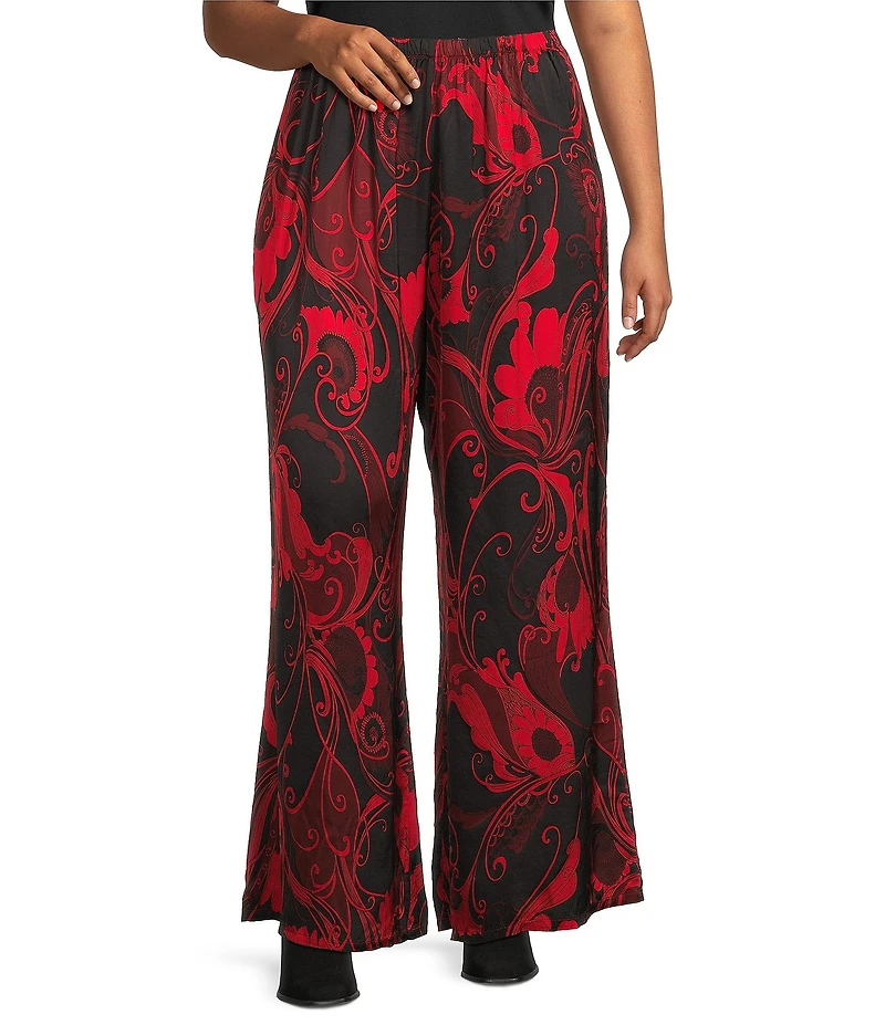 Bryn Walker Plus Size Osca Giardino Print Satin Elastic Waist Coordinating Wide Leg Pants