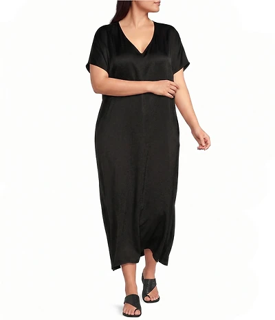 Bryn Walker Plus Size Rebecca Satiny Woven V-Neck Cap Sleeve Oversized Dress