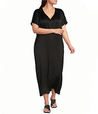 Bryn Walker Plus Size Rebecca Satiny Woven V-Neck Cap Sleeve Oversized Dress