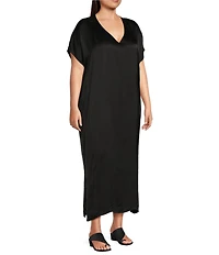 Bryn Walker Plus Size Rebecca Satiny Woven V-Neck Cap Sleeve Oversized Dress