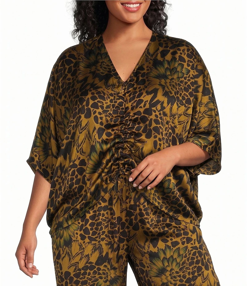 Bryn Walker Plus Size Ria Woven Feather Print V-Neck Short Dolman Sleeve Ruched Front Tie Shirt