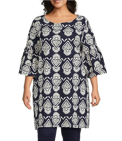 Bryn Walker Plus Size Riviera Tulum Print Round Neck 3/4 Sleeve Tunic