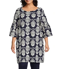Bryn Walker Plus Size Riviera Tulum Print Round Neck 3/4 Sleeve Tunic