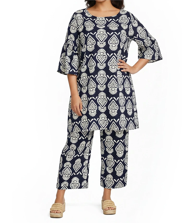 Bryn Walker Plus Size Riviera Tulum Print Round Neck 3/4 Sleeve Tunic