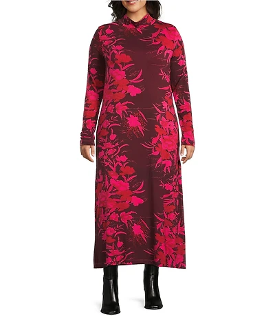 Bryn Walker Plus Size Robin Fiori Printed Viscose Jersey Mock Neck Long Sleeve Midi Dress