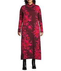 Bryn Walker Plus Size Robin Fiori Printed Viscose Jersey Mock Neck Long Sleeve Midi Dress