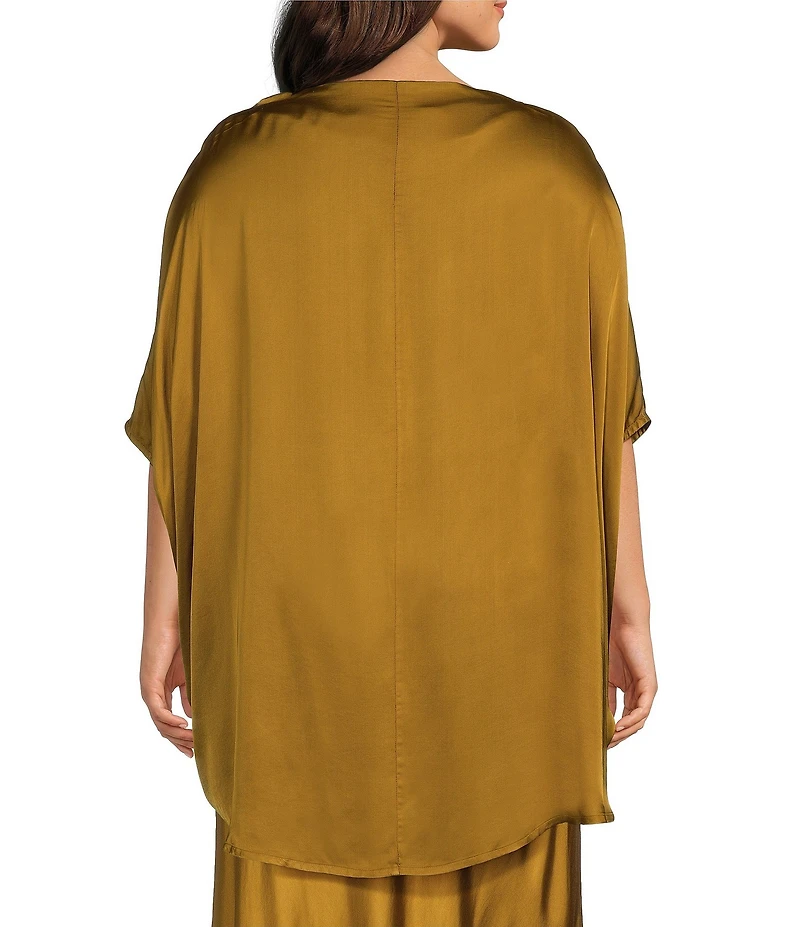 Bryn Walker Plus Size Satin Woven Draped Neck Cap Sleeve Oversized Tunic