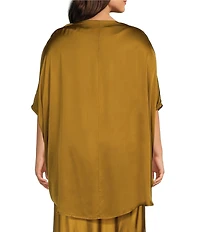 Bryn Walker Plus Size Satin Woven Draped Neck Cap Sleeve Oversized Tunic