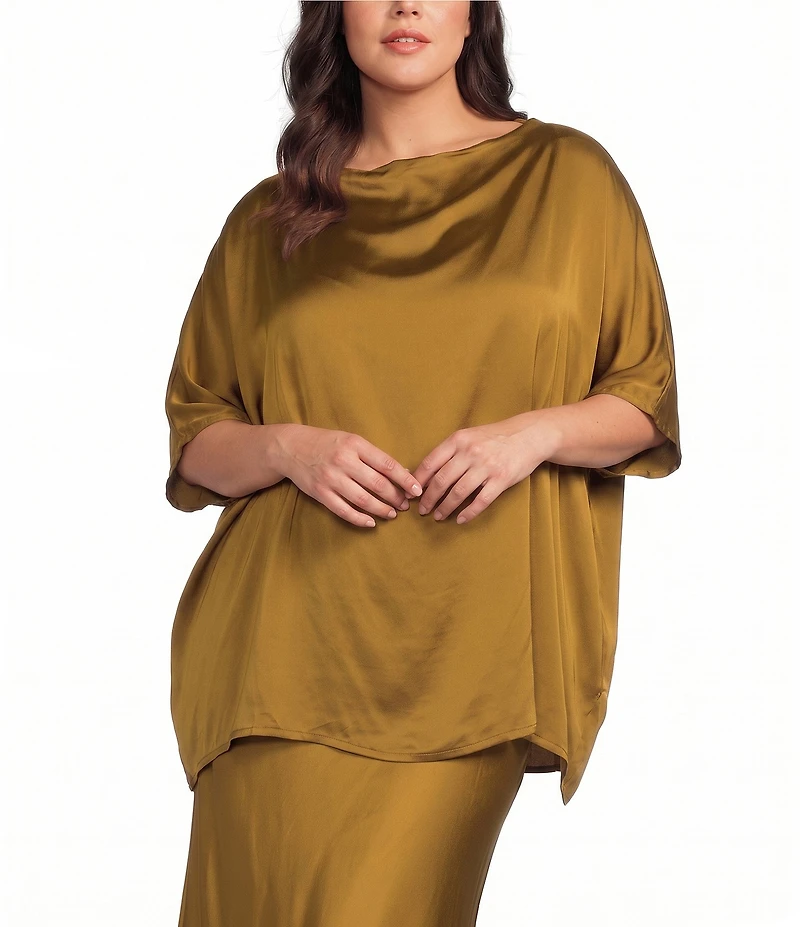 Bryn Walker Plus Size Satin Woven Draped Neck Cap Sleeve Oversized Tunic
